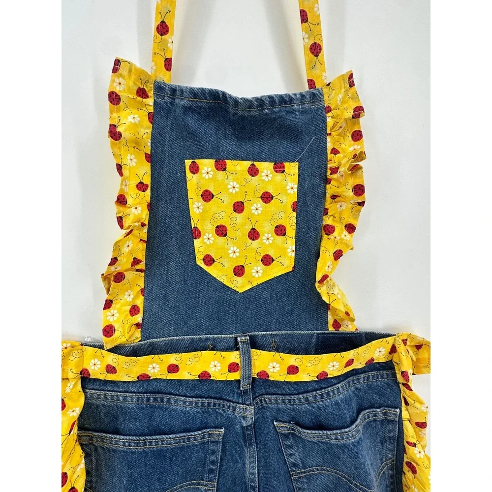 Handmade Denim Kitchen Apron Ladybug Ruffle Lee Jeans Repurposed Cottagecore